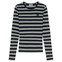 Ganni bluse - A1050066 Soft Cotton Stripe Rib longsleeve sky captain