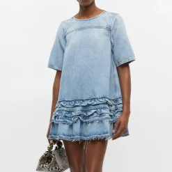 Ganni kjole - J1857 Soft Rigid Denim Open Back Frill Mini light bvlue stone