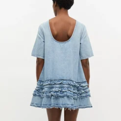 Ganni kjole - J1857 Soft Rigid Denim Open Back Frill Mini light bvlue stone
