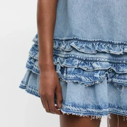 Ganni kjole - J1857 Soft Rigid Denim Open Back Frill Mini light bvlue stone