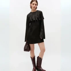 Ganni kjole - W0792 Fluid Satin Jacquard Mini Ruffle black