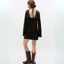 Ganni kjole - W0792 Fluid Satin Jacquard Mini Ruffle black