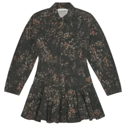 Ganni kjole - W1019 Printed Stretch Cotton Buttoned Mini phantom